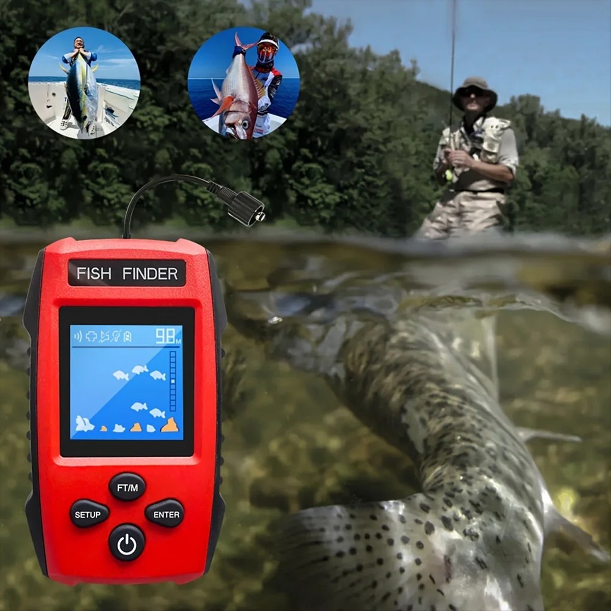 カラー液晶魚群探知機 有線ソナー送信機 検出深度計付き 釣り - Fishing Boat Depth Finder のレビューと価格
